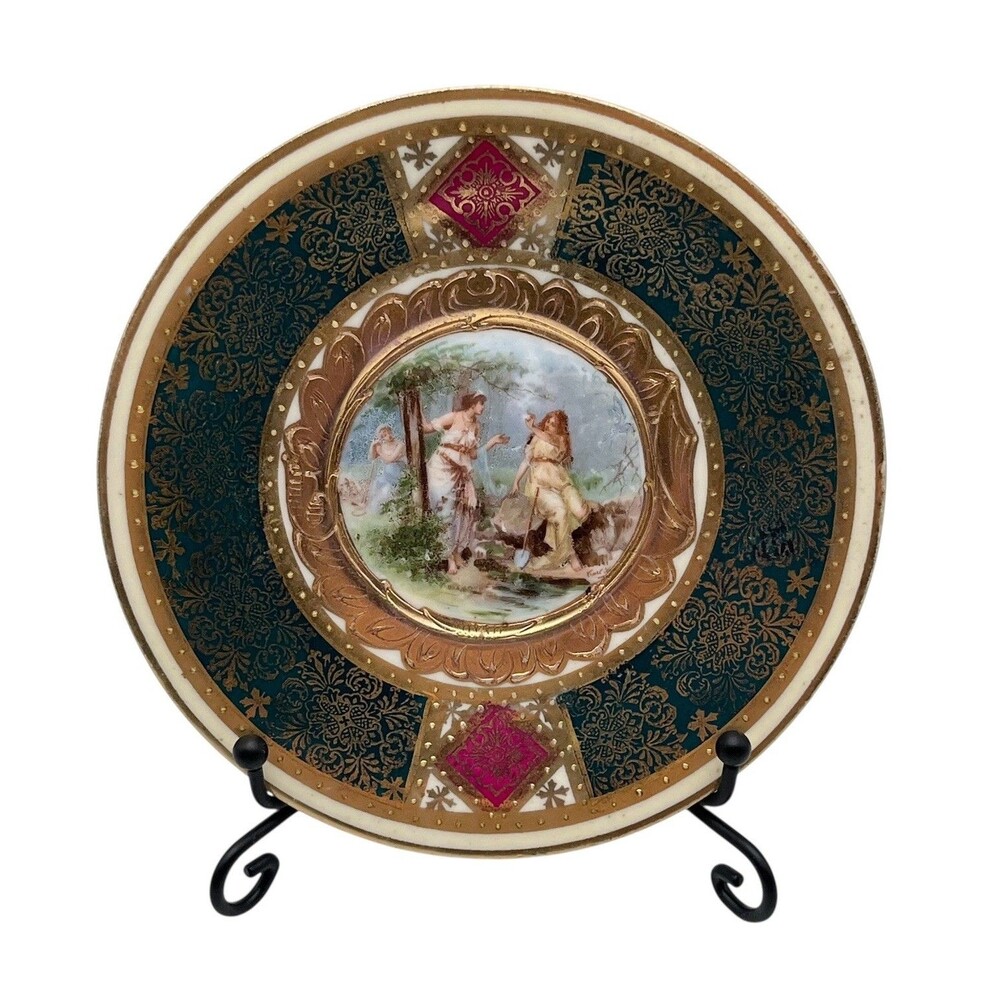 Antique Austrian Royal Vienna Style 9" Hand Painted Porcelain Plate Sappho Gilt